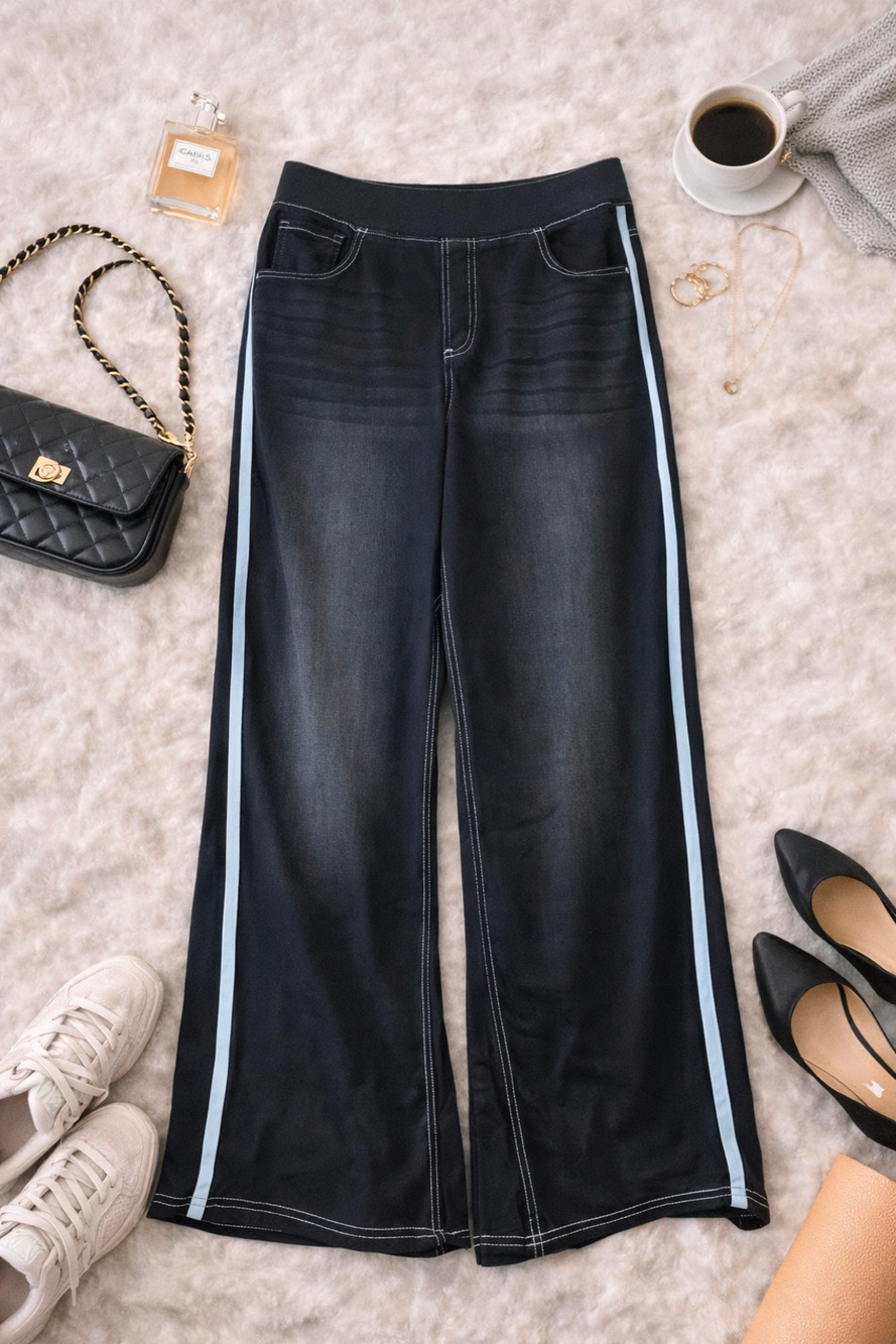 NWOT HALARA Black High Magic Flex Waisted Wide-Leg Jeans White Stripes Size LP